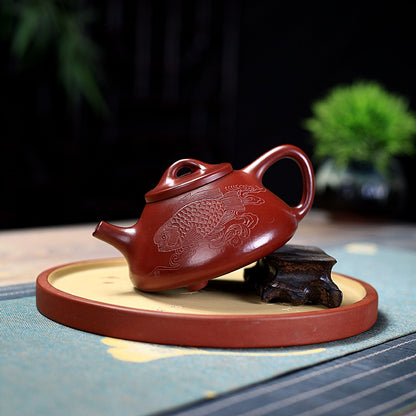 Full Handmade Tea Pot Carved Fish Ziye Shipiao Pot Marked Real Yixing Dahongpao