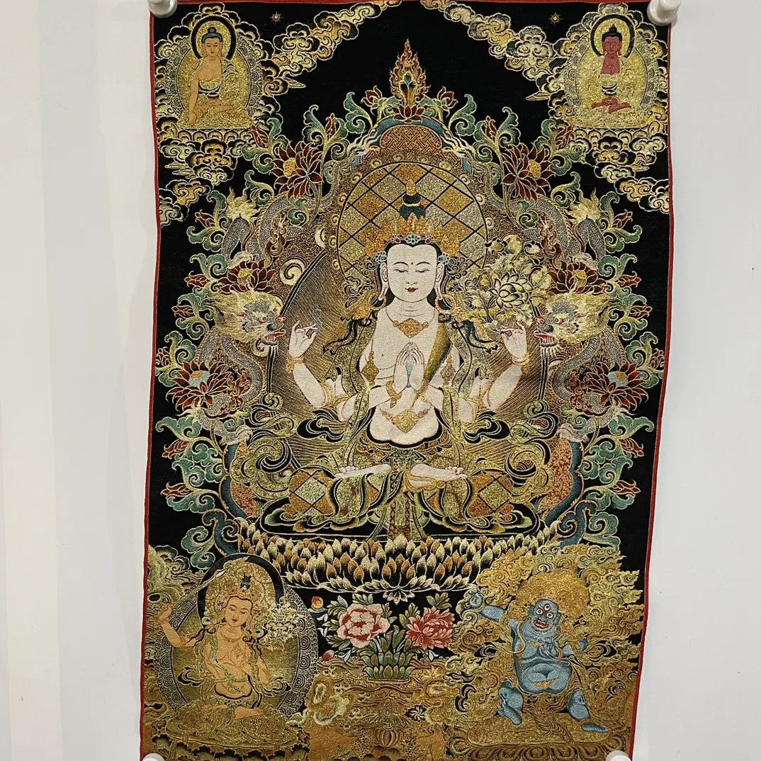 35" Tibetan Buddhism Embroidery Four-armed Guanyin Buddha Thangka Worship Hall