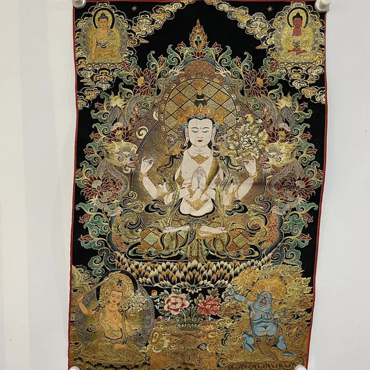 35" Tibetan Buddhism Embroidery Four-armed Guanyin Buddha Thangka Worship Hall
