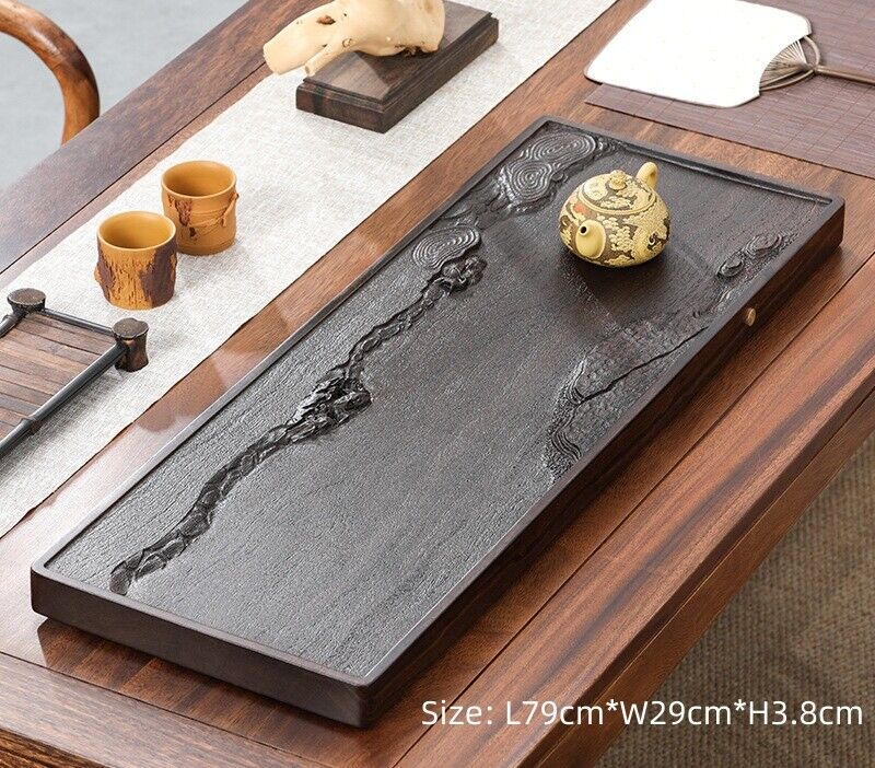 Ebony Wood Tea Tray Hand Carved Serving Tray Water Draining Pipe Solid Wood New