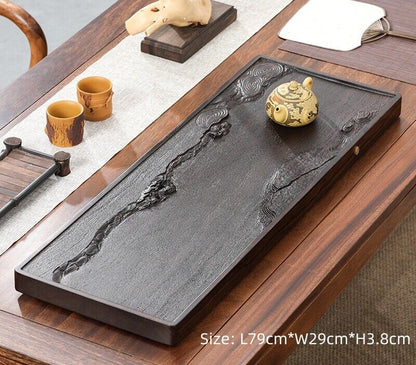 Ebony Wood Tea Tray Hand Carved Serving Tray Water Draining Pipe Solid Wood New