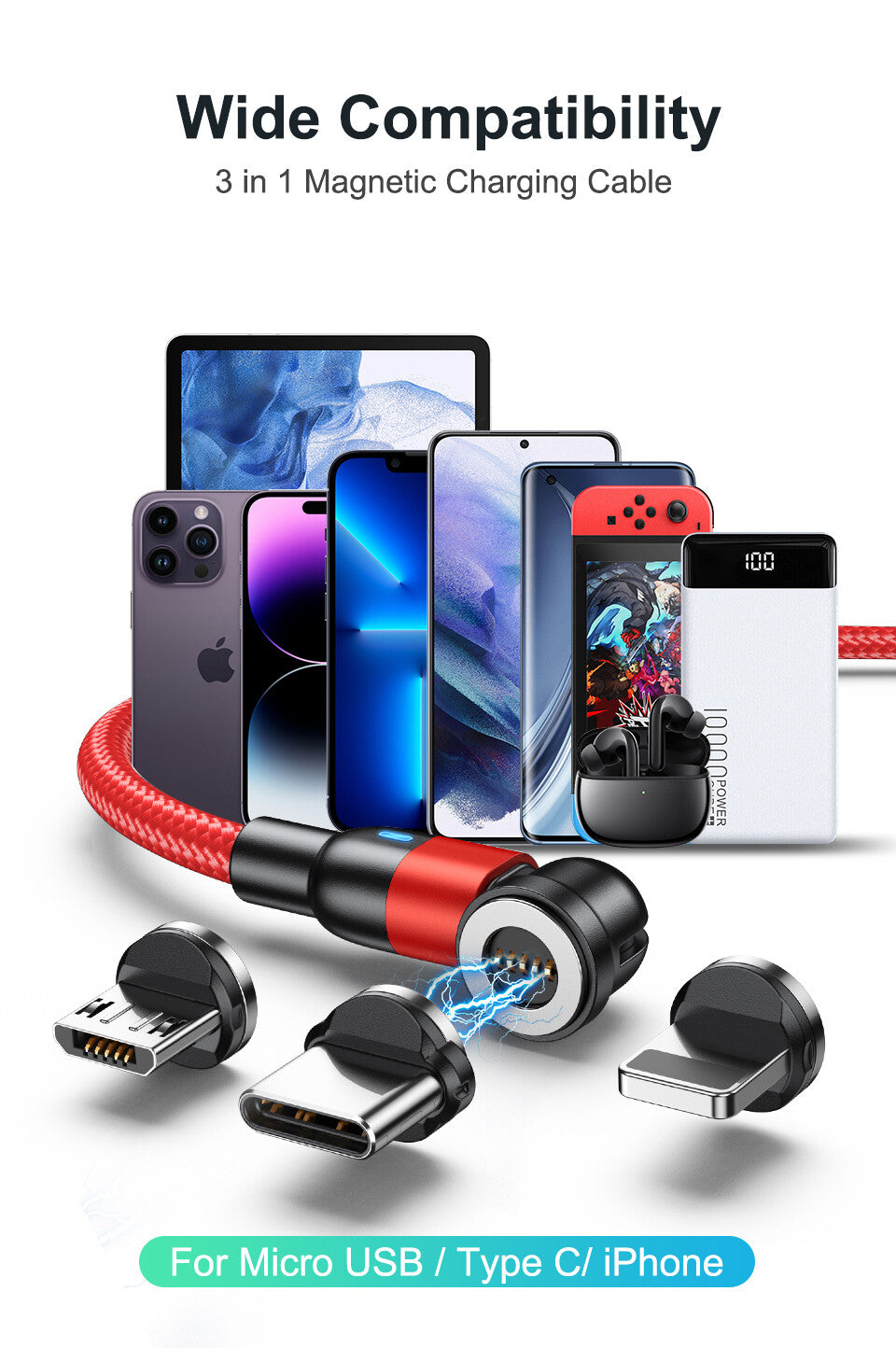 3-in-1 180°+360° Magnetic Charger Cable For Apple Micro USB Type-C Samsung LG