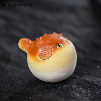 1pc Purple Clay Tea Pet Handmade Pufferfish Statue Ornaments Sculpture Crafts