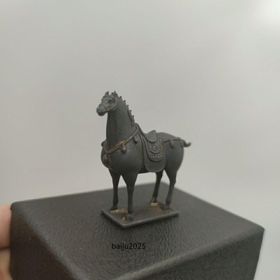 China Tang Horse Model Statue Solid Old Brass Car Ornament Tea Pet Table Decor