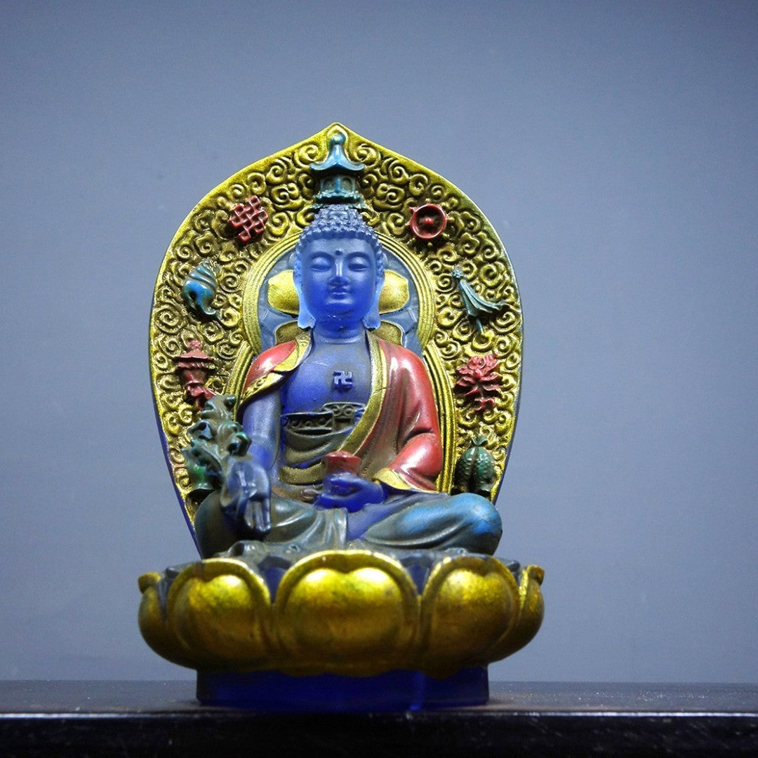 Vintage Old Liuli Medicine Buddha, Hand-Painted Gilded, 13.5cm, Qianlong Mark
