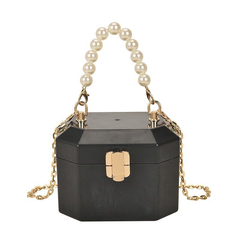 Box Handbags Women Pearl Beads Decor Lock Chain Shoulder Bag Purses Bag