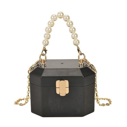 Box Handbags Women Pearl Beads Decor Lock Chain Shoulder Bag Purses Bag
