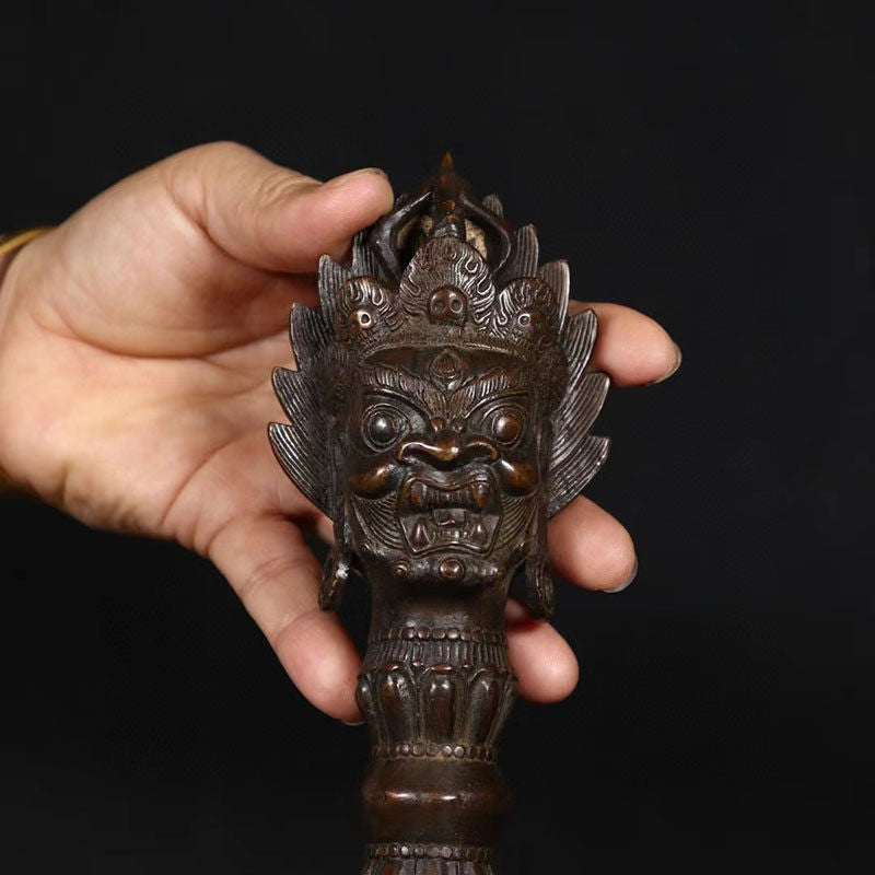 12" Tibetan bronze Gilt Horse head Mahakala Buddha Vajra Phurpa Dagger equipment