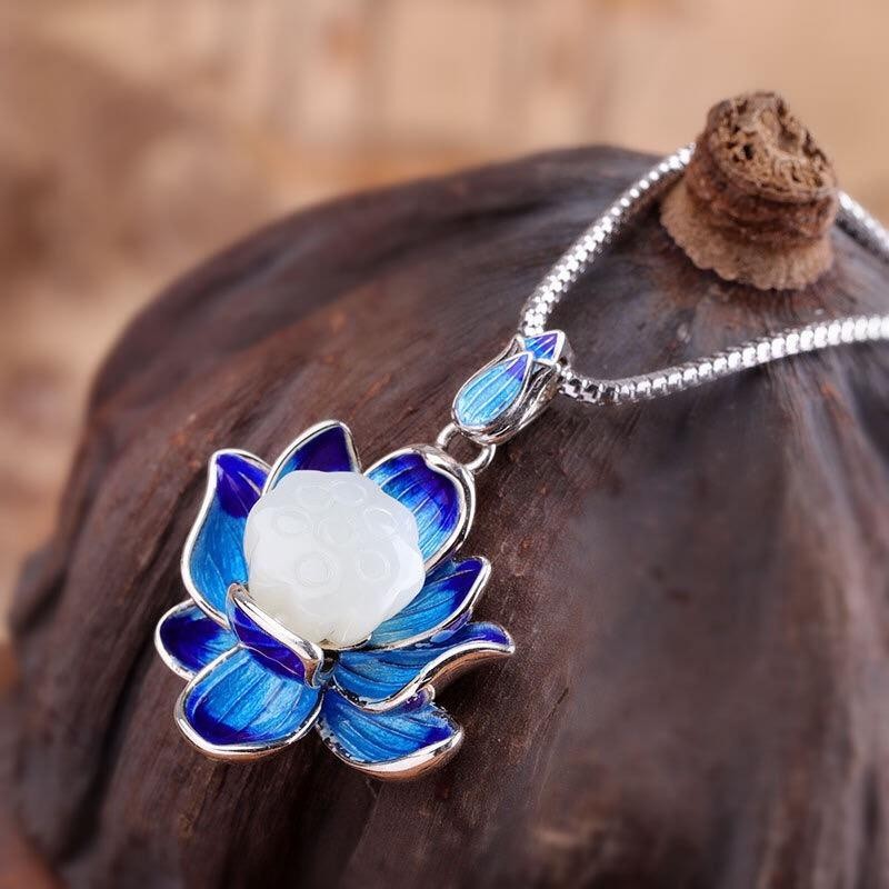 Cloisonne Hetian Jade Lotus Pendant Vintage Necklace Women Gift