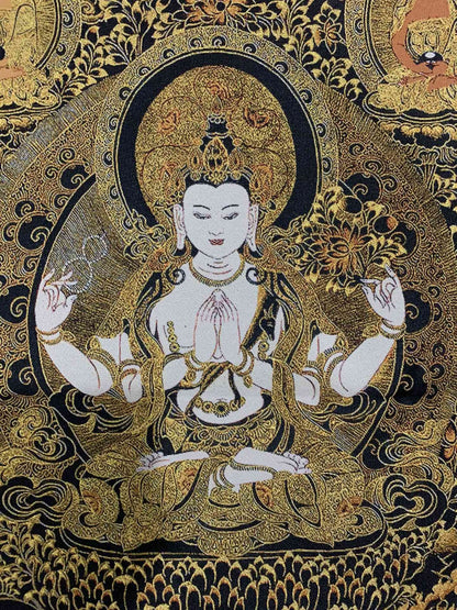 36" Tibet Tibetan Cloth Silk Buddhism 4 Arms Guanyin Buddha Tangka Thangka Mural