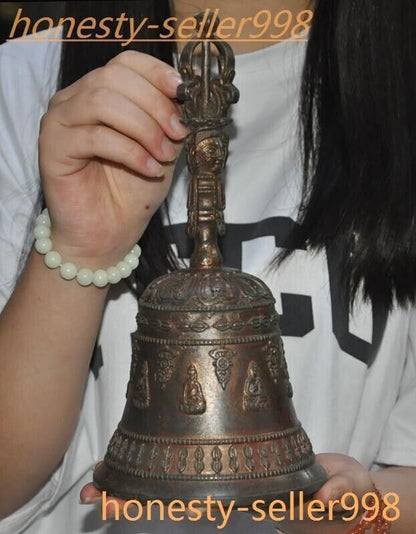 10"Ancient Tibet Temple Bronze Gilt Tara Statue Exorcism Bell Chung Chimes Clock