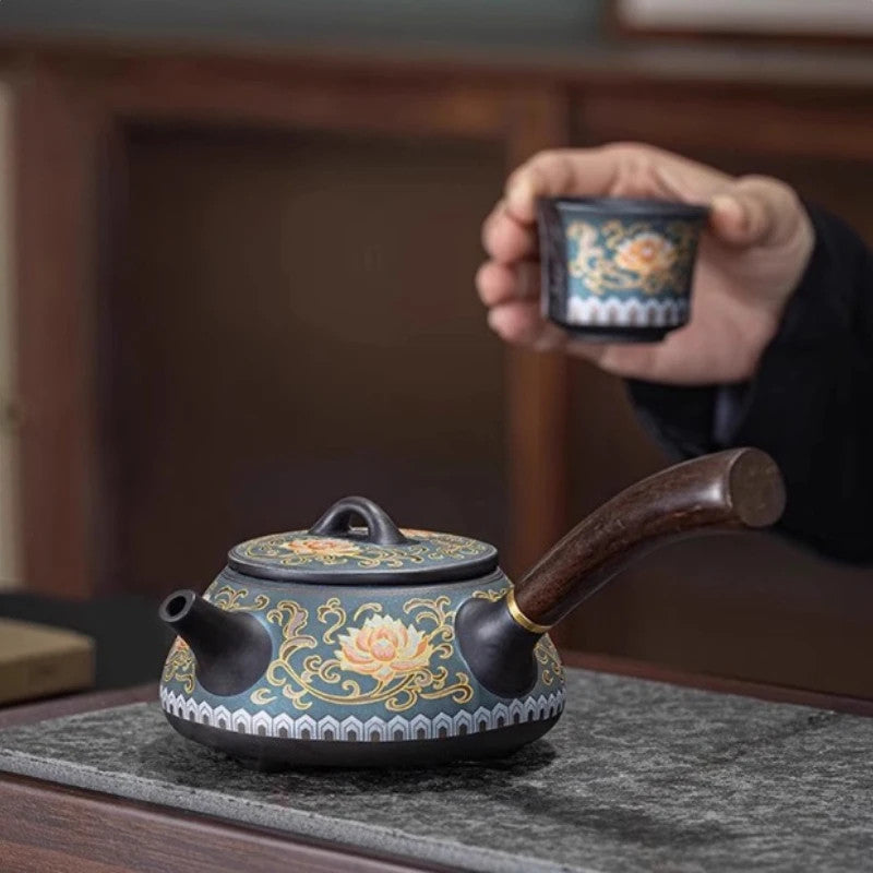 220ml Ceramic Ruyi Side Handle Teapot Chinese Kung Fu Retro Relief Tea Set
