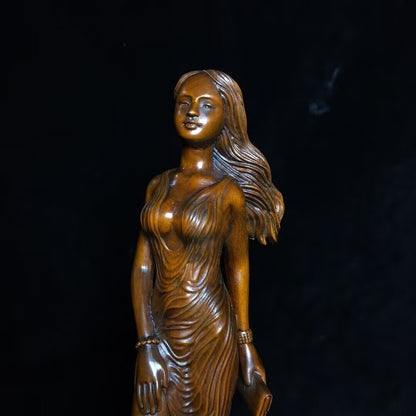 8.7" Old Boxwood Carved Beauty Lady Girl Statue Figurine Model Artwork Collect