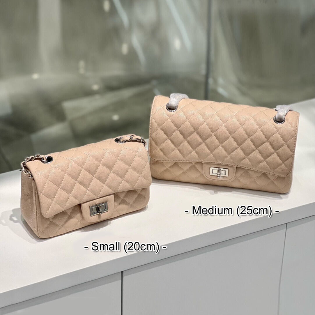 Quilted Real Leather Caviar Effect Double Flap Shoulder bag Handbag Purse Chains
