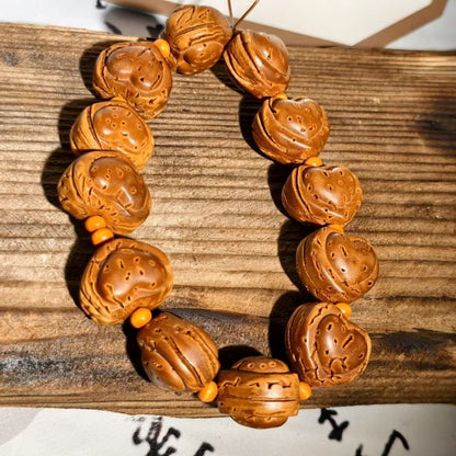 Peach Pit Carved Heart Biscuit Bracelet 22mm Unisex Handmade