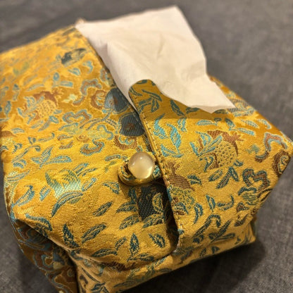 Golden Bamboo Brocade Tissue Box Cover Fish Pattern Tea Room Decor