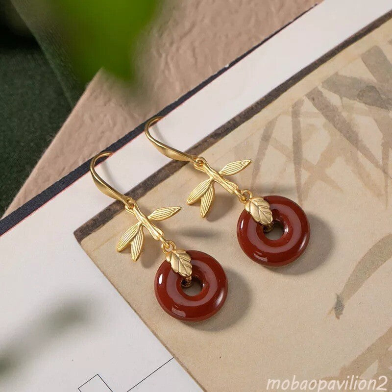 New Vintage Jewelry Red Jade Donut Earrings Women 925 Silver
