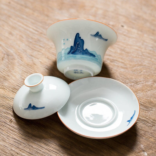 Ceramic Gaiwan Porcelain Tea Tureen Handpainted Mountain Chawan Puer Tea Maker