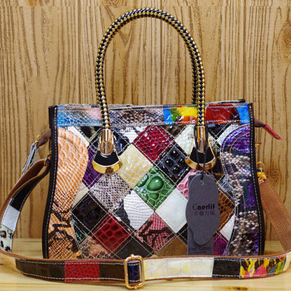 Women's Genuine Leather Snake Blocks Colorful Handbag Shoulder Satchel Tote Bag
