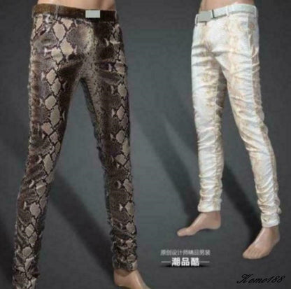New mens slim fit pencial faux leather snakeskin Pattern prints pants trousers @
