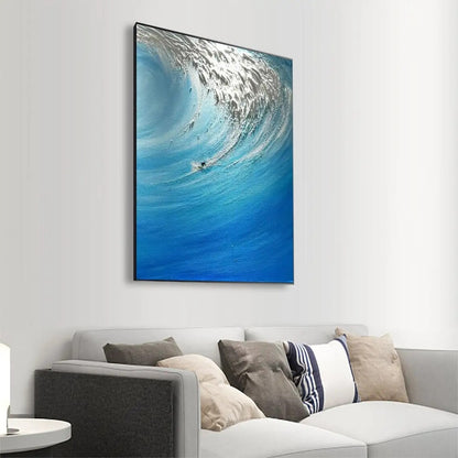 Hand-Painted Surfers Sea Sports Impasto Art Oil Painting Original Blue White