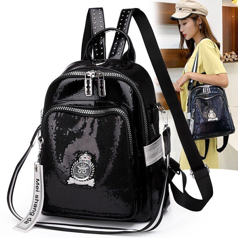 Synthetic Leather Women School Backpacks Black School Bags Retro Traveling 1 PC
