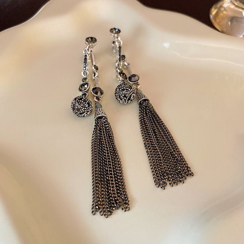 Silver-Plated Rhinestone Ball Tassel Earrings Retro Dangle