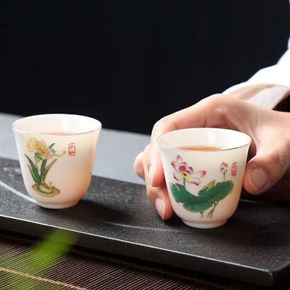 2.08" Chinese Ceramic Teacup Travel Meditation Hand Painted Lotus Leaf Tea Bowl