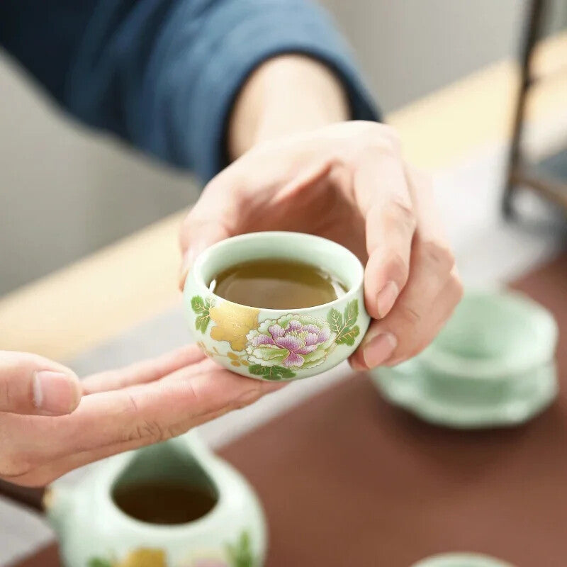 Ru Kiln Tea Cup Handmade Ceramic Cup Flowers Pattern Travel Tea Set Teacups