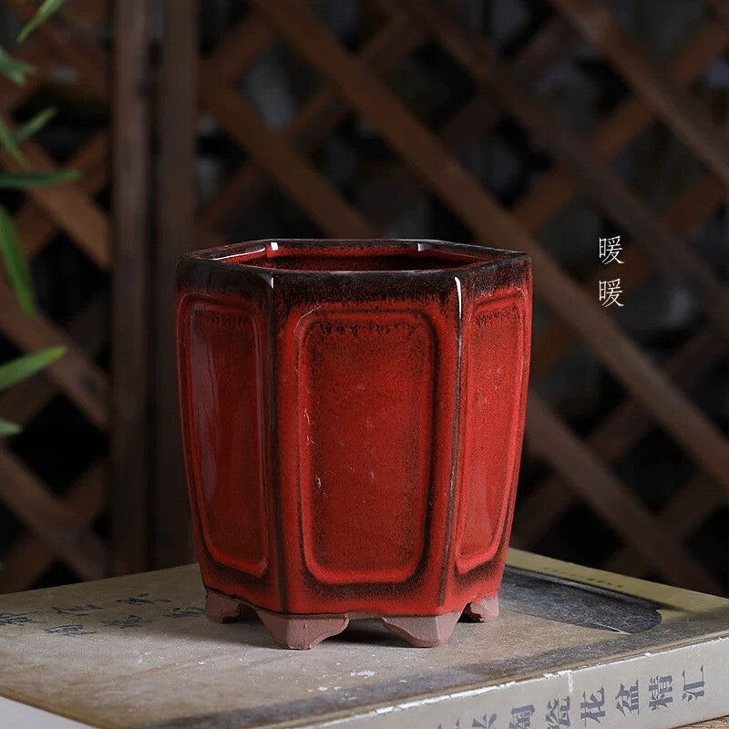 Ceramic Colorful Glazed Round Hexagon Bonsai Pot Tradition Chinese Decoration