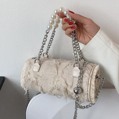Pearl Chain Shoulder Bag Handbag Messenger Hand Cylinder Bag Purse 21*10*10 CM
