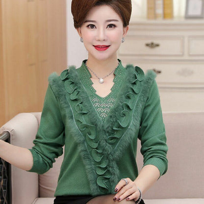 Women Sweater Cashmere Woolen Plus Size Embroidering Diamond - Studded Pullover