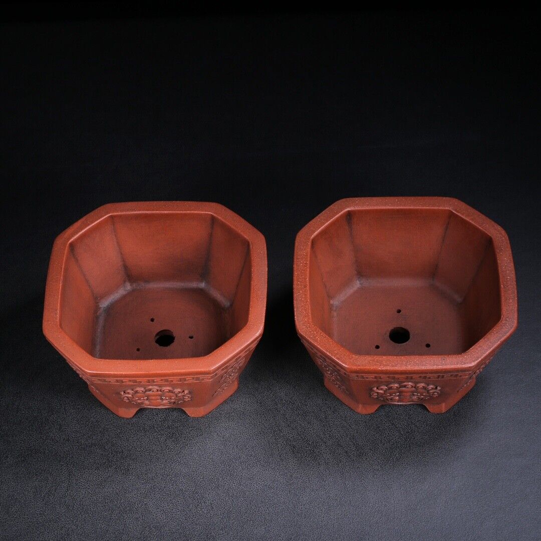 Chinese Yixing Zisha Clay Handmade Exquisiteflowerpot (a pair) （花盆（一对） 底款：铁画轩）
