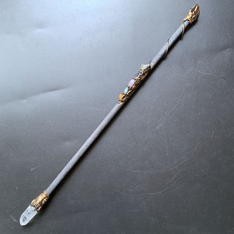 Witch Magic Sticks Clear Quartz Point Crystal Scepter Fairy Wand Props 35cm Wood