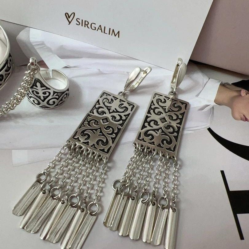 Ethnic Silver Long Tassel Earrings Mongolian Kazakh Tibetan Style For Women