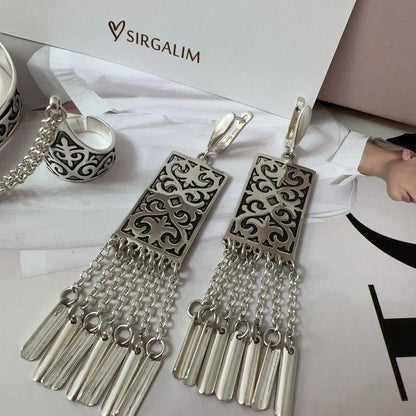 Ethnic Silver Long Tassel Earrings Mongolian Kazakh Tibetan Style For Women
