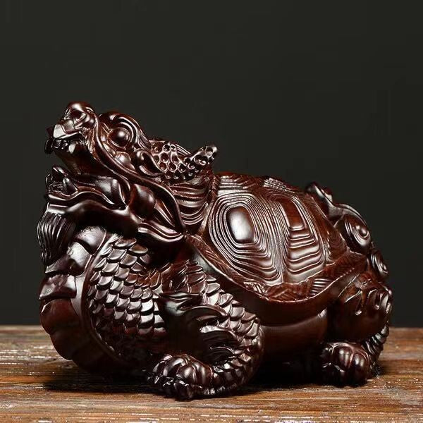Chinese Black Sandalwood Wood Carving Dragon Turtle