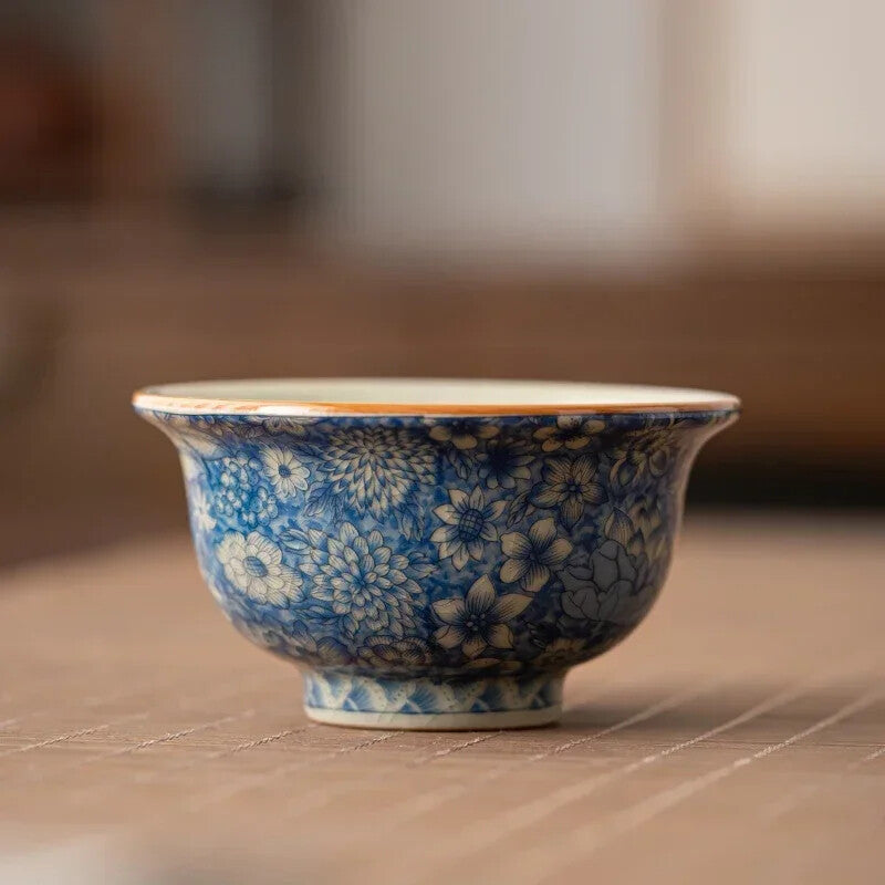 1Pc Chinese Ru Kiln Blue and Flower Tea Cup Handmade Flowers Tea Bowl Teacup