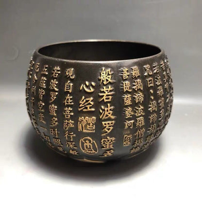 Vintage Pure Brass Heart Sutra Bowl Guanyin Buddha Offering Plate Antique Bronze