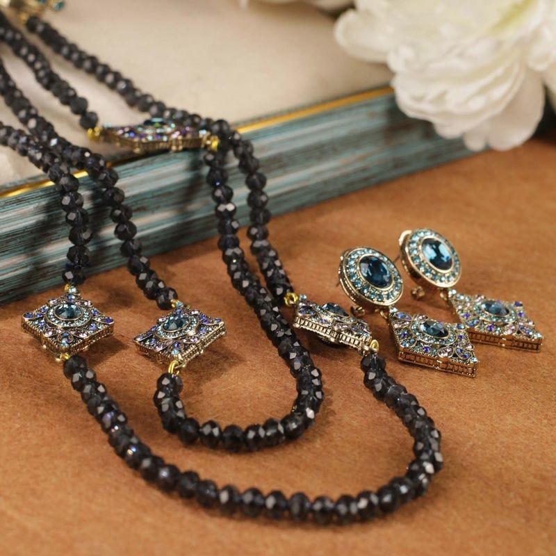 Vintage Multi Layer Black Bead Necklace Earrings Set Gold Plated Crystal