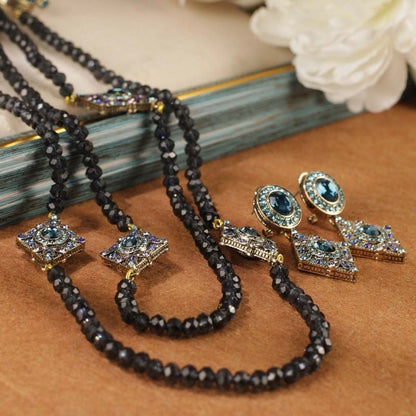 Vintage Multi Layer Black Bead Necklace Earrings Set Gold Plated Crystal