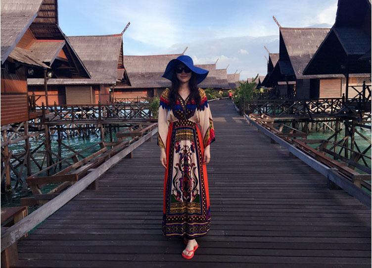 New Women Traditional African Print Party Dresses V-neck Beach Long Dress