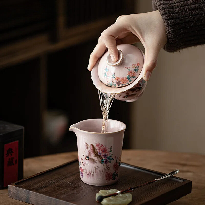 Pink Ru Kiln Flower Cat Gaiwan Tea Tureen Tea Cup Tea Maker Kung Fu Tea Set