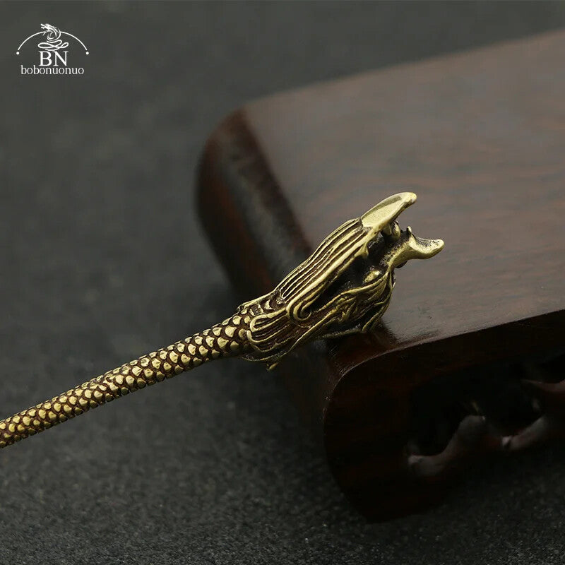 Copper Dragon Head Tea Knife Desk Ornaments Vintage Brass Miniatures Figurines