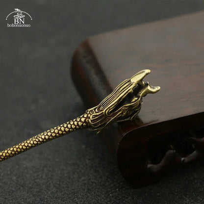 Copper Dragon Head Tea Knife Desk Ornaments Vintage Brass Miniatures Figurines