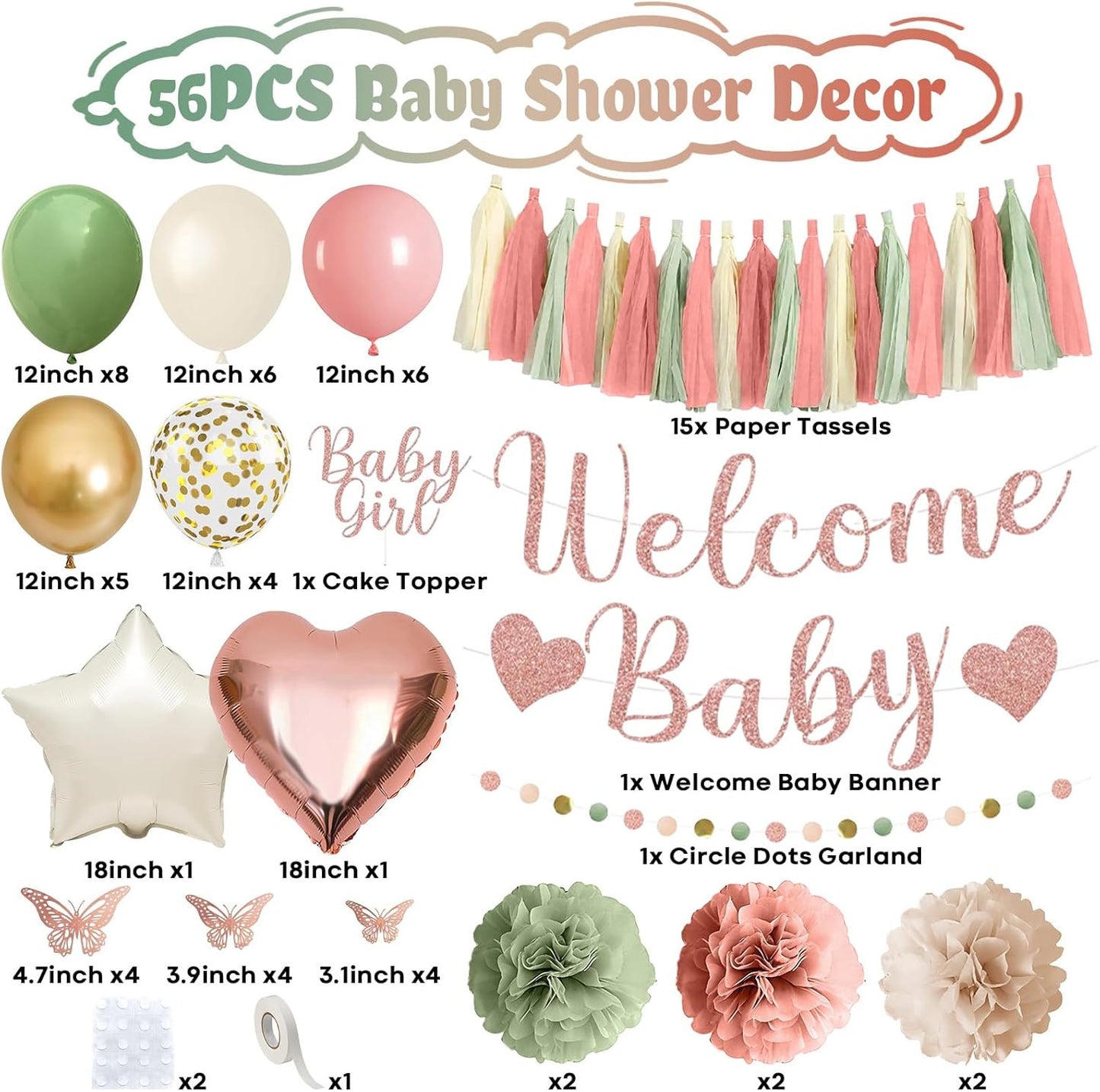 Baby in Bloom Baby Shower Decorations, Sage Green Dusty Blush Pink Gold Sand Whi