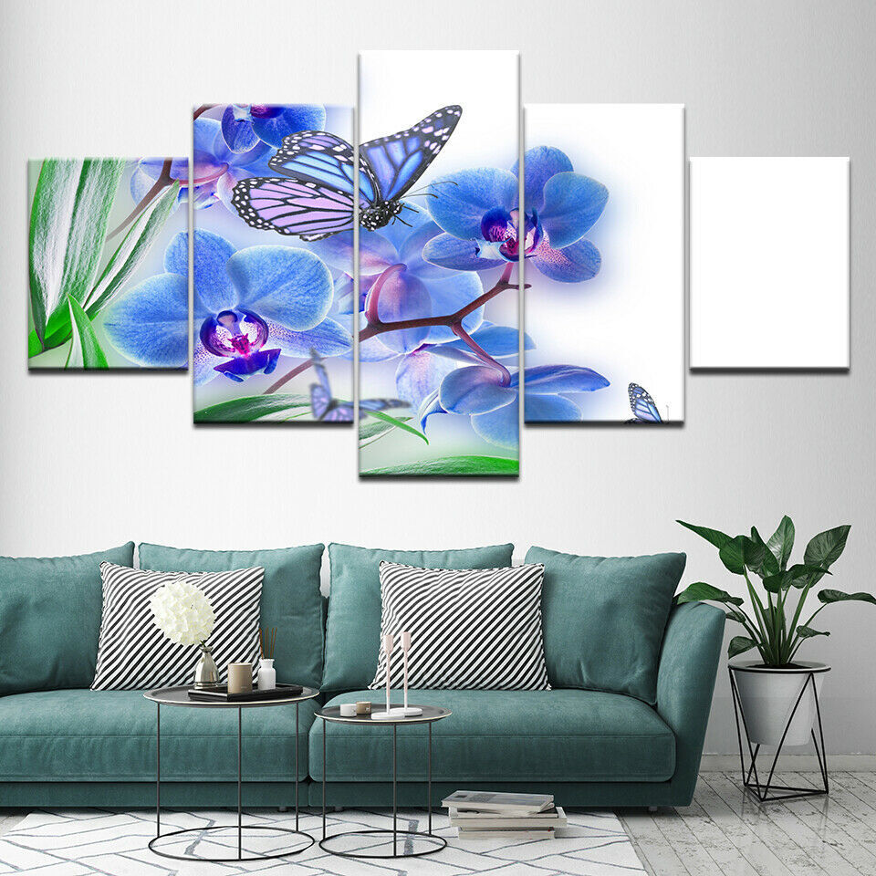 Print on Canvas HD Painting Wall Art Poster 5 panel Blue Butterfly No Framed