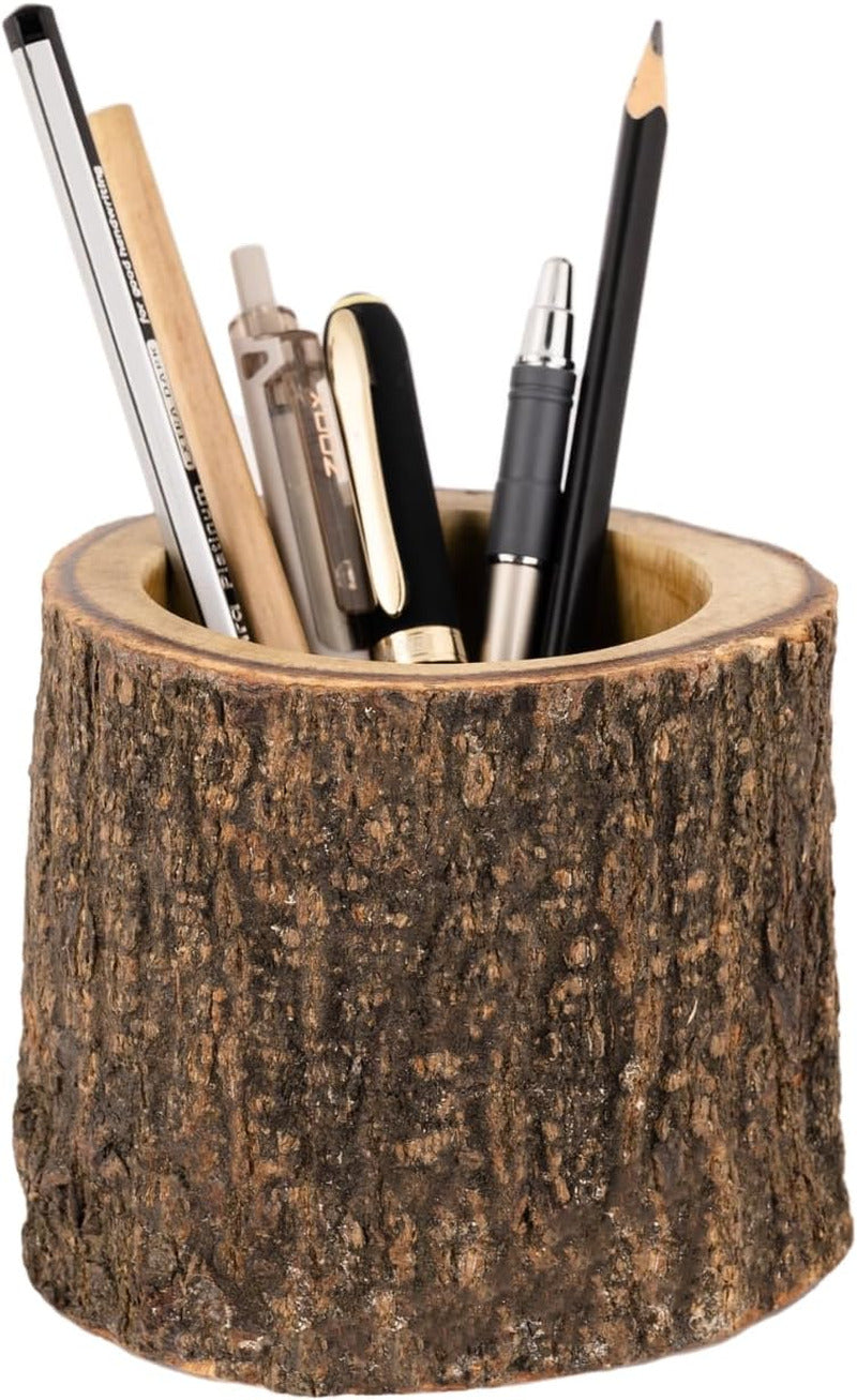 Rustic Wood Pencil Cup Pen Holder for Table Office Desktop Stationary Organizer