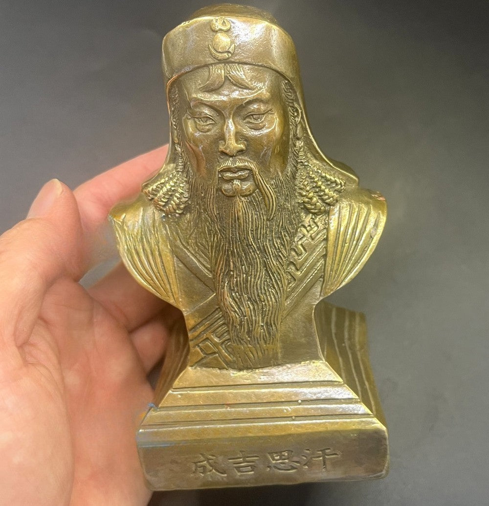 5.1" Brass Genghis Khan Bust Statue Mongol King Table Home Decor Collect
