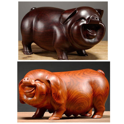 Pig Figurine Feng Shui Mahogany Wood Craft Carving Handmade Home Ornament 8-15cm